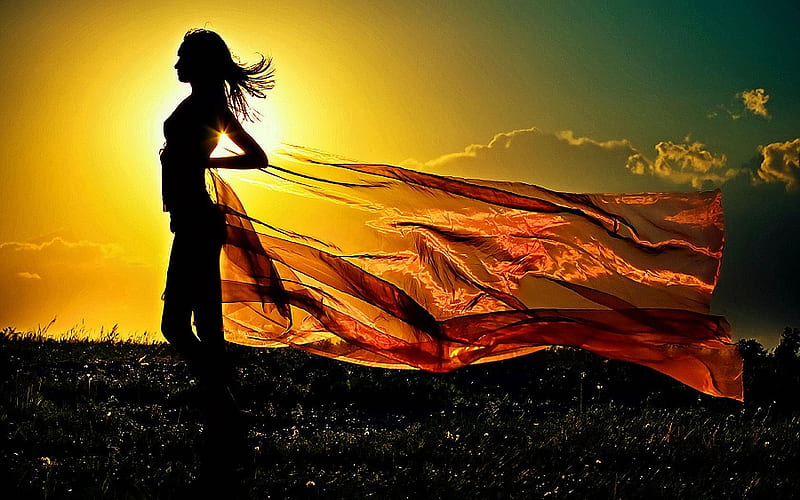 Sunlit Silhouette, sun, dress, lit, flowing, sunset, silhouette, lady, woman, HD wallpaper