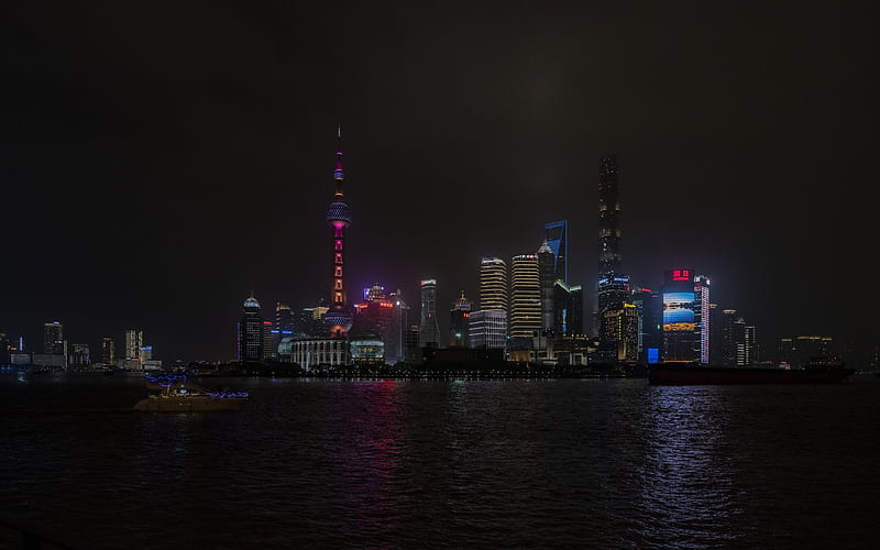 Shanghai, The Bund, night, Shanghai Tower, Oriental Pearl Tower, skyscrapers, cityscape, Shanghai skyline, HD wallpaper