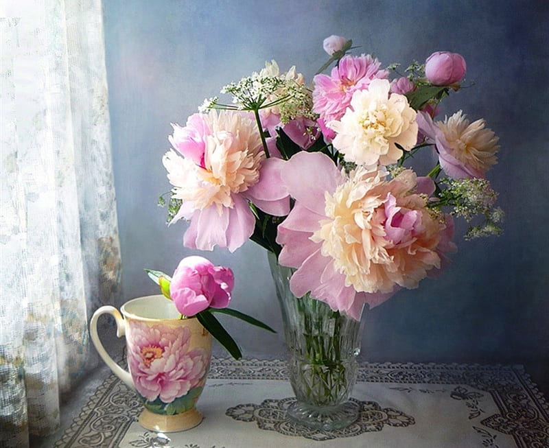 Still life, background, vase, bonito, tea, peonies, teapot, flowers, beauty, pink, light, blue, table, porcelaine, window, colors, soft, spring, teatime, freshness, cup, day, garden, nature, petals, white, HD wallpaper