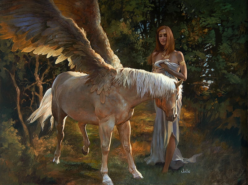 Pegasus, gorgeous, art, wings, frumusete, luminos, superb, julie bell, fantasy, girl, painting, pictura, HD wallpaper