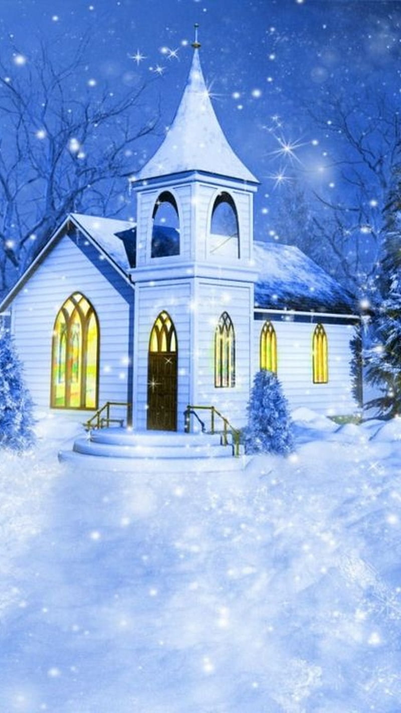 ChurchWinterScene, church, winter, snow, steeple, church in snow, scenic, HD phone wallpaper