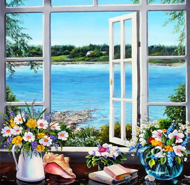 Beautiful breath!, window, view, spring flowers, summer, spring, open, sea, blue, HD wallpaper