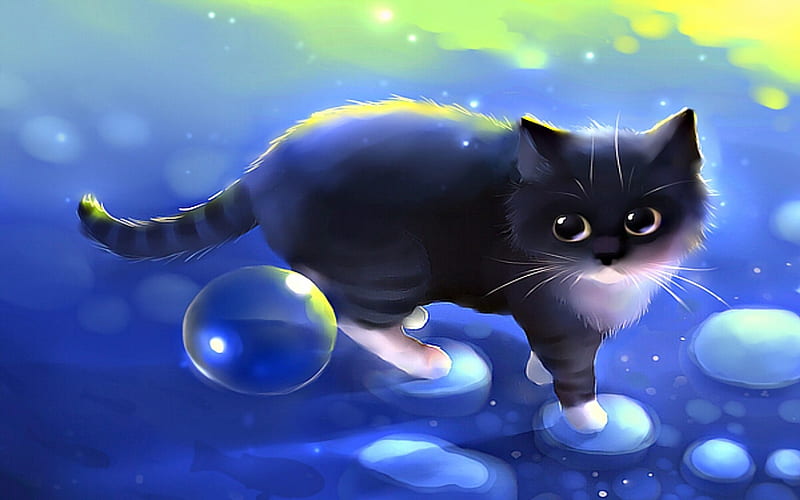 Kitten, art, bubble, luminos, black, yellow, cat, animal, green, apofiss, pisica, blue, HD wallpaper