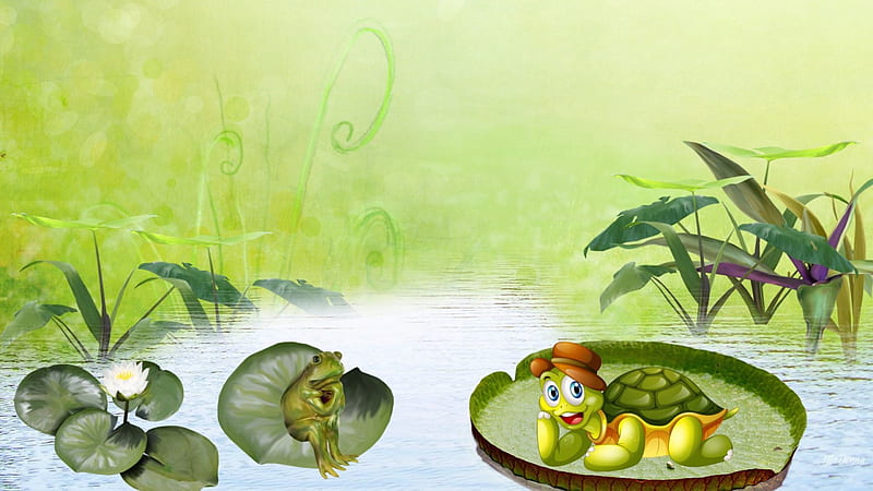 Frog and Turtle, spring, turtle, pool, pond, frog, fantasy, whimsical, green, lily pads, HD wallpaper