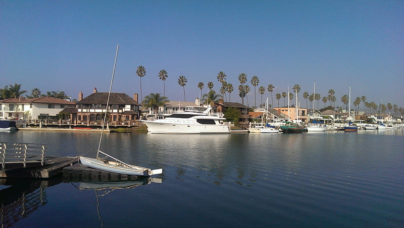Nice Backyard (Ventura, Ca.), Water, Reflection, Homes, Palmtrees, California, Ventura, Boats, HD wallpaper