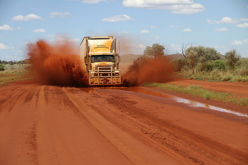 outback truckers, road, water, grass, outback, dirt, truck, dust, HD wallpaper