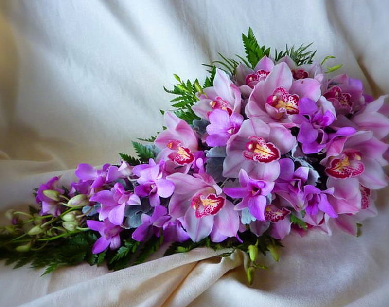bouquet of purple orchids, still life, flowers, orchids, bouquet, HD wallpaper
