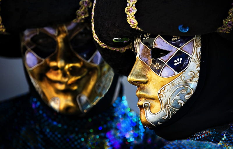 Venice Carnival, glitter, golden, black, man, venice, masquerade, carnival, people, mask, blue, HD wallpaper