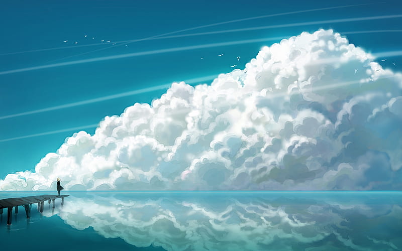 Anime Girl Sea Sky Clouds Landscape Art , anime-girl, anime, clouds, landscape, artist, artwork, digital-art, HD wallpaper