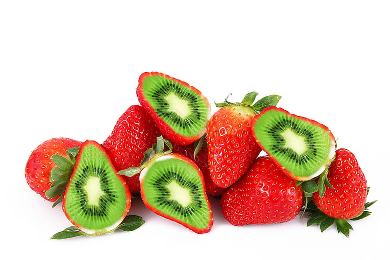 Funny fruits, red, strawberry, kiwi, creative, fantasy, green, berry, funny, white, HD wallpaper