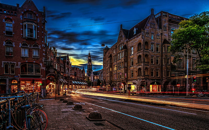 Amsterdam street, road lights, Netherlands, Europe, Amsterdam at night, HRD, HD wallpaper