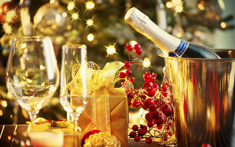 New year dinner, Glasses, Champagne, Christmas, Decoration, HD wallpaper