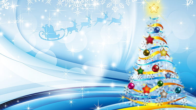 There is a Christmas, sleigh, stars, feliz navidad, christmas, firefox persona, santa claus, tree, bokeh, snowflakes, reindeer, blue, HD wallpaper