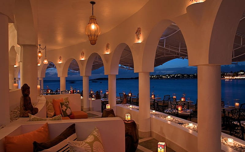 Romantic patio, barrels, lights, arches, stones, statue, dining, chairs, evening, lanterns, city lights, romantic, romance, ocean, cadles, pillows, outdoor, aawning, HD wallpaper