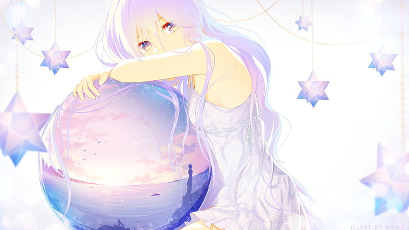 Planet and stars, lilac, stars, rimuu, manga, girl, planet, anime, white, pink, blue, HD wallpaper