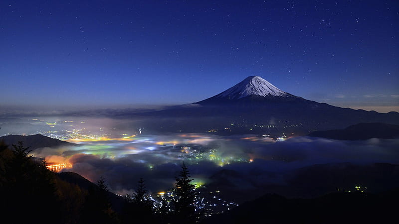 Mount Fuji Japan City View Nighttime Travel, HD wallpaper