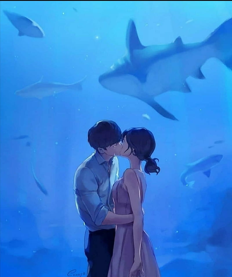 aquarium, kiss, love, siblings, HD phone wallpaper