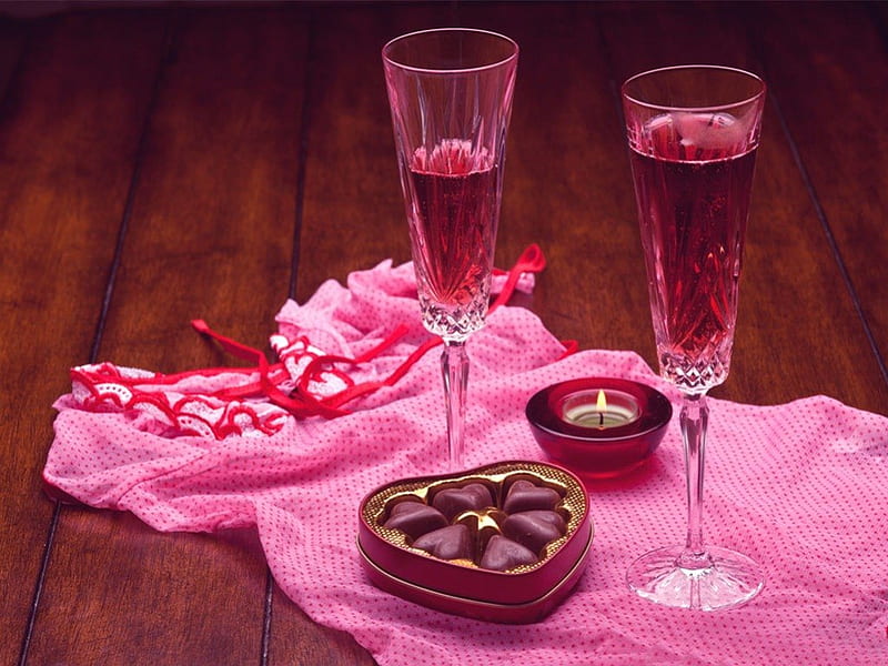 Romantic ideas, candle, champagne, heart shaped box, chocolate, HD wallpaper