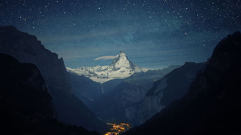 Mountain, Peak, Starry Sky, , Switzerland, Matterhorn, HD wallpaper