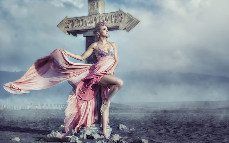 Crossroads, dress, girl, model, woman, pink, blue, situation, HD wallpaper