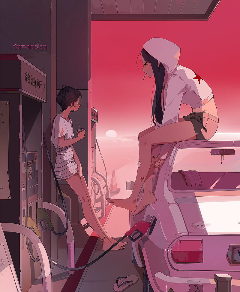 2 Suns, anime, artwork, car, girl, lazy, red, HD phone wallpaper