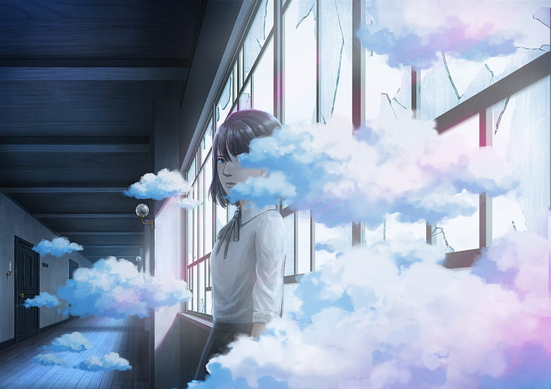 anime girl, semi realistic, interior, clouds, Anime, HD wallpaper