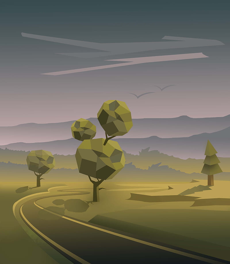 trees, road, landscape, polygonal, graphics, HD phone wallpaper
