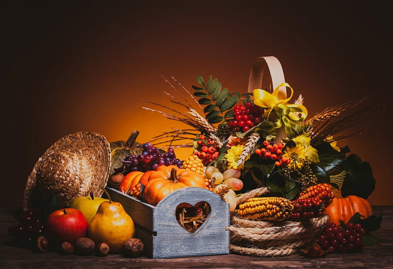 Autumn~Thanksgiving Still Life, Fall, wheat, rope, grapes, fruit, Thanksgiving, flowers, corn, walnuts, pear, acorns, apples, Holiday, gourds, hat, nuts, berries, heart, Autumn, vegetables, pumpkins, HD wallpaper
