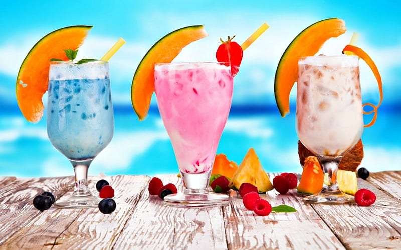 Cocktails, cocktail, food, sea, fruit, water, summer, drink, white, pink, wood, blue, HD wallpaper