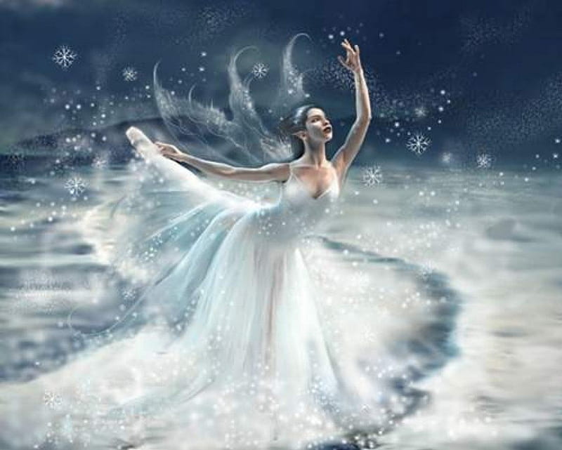 Winter Dance, ice rink, snowfall, dance, beautiful winter landscape, white dress, lady, winter, HD wallpaper