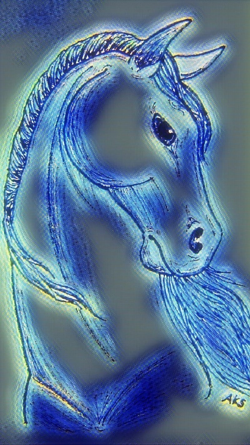 Glow Horse Art, blue, cool, cute, drawn, effect, equine, glowing, head, steed, HD phone wallpaper
