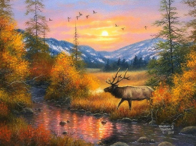 Autumn River Stroll , fall season, autumn, colors, love four seasons, attractions in dreams, paintings, elk, mountains, nature, rivers, HD wallpaper
