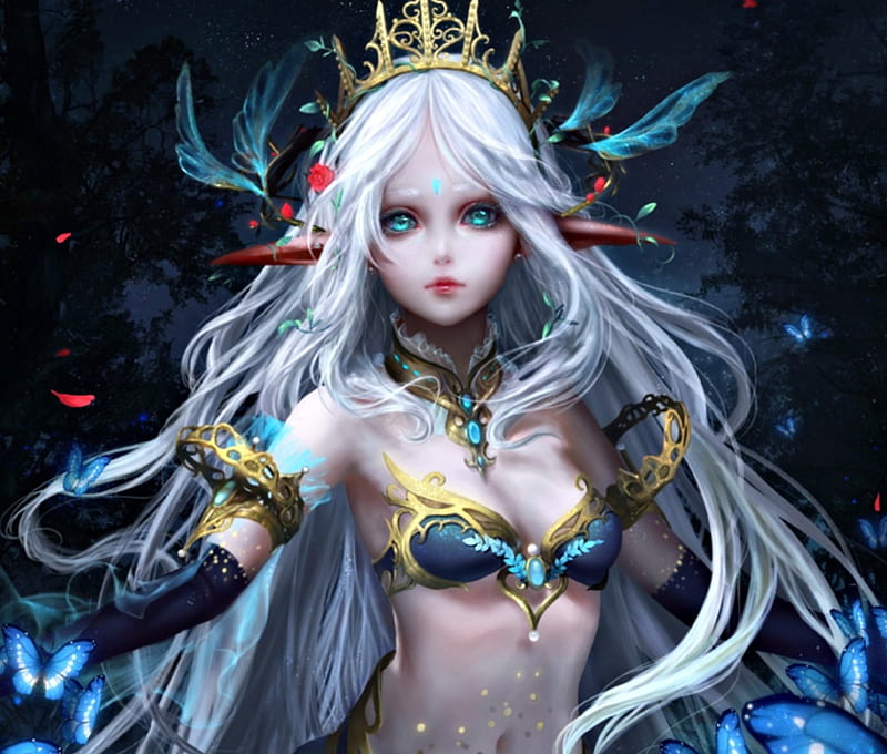 Elf princess, art, luminos, woman, fantasy, girl, digital, elda-qd, white, blue, HD wallpaper