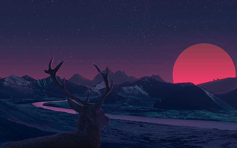 flat landscape, deer, red moon, digital art, Nature, HD wallpaper