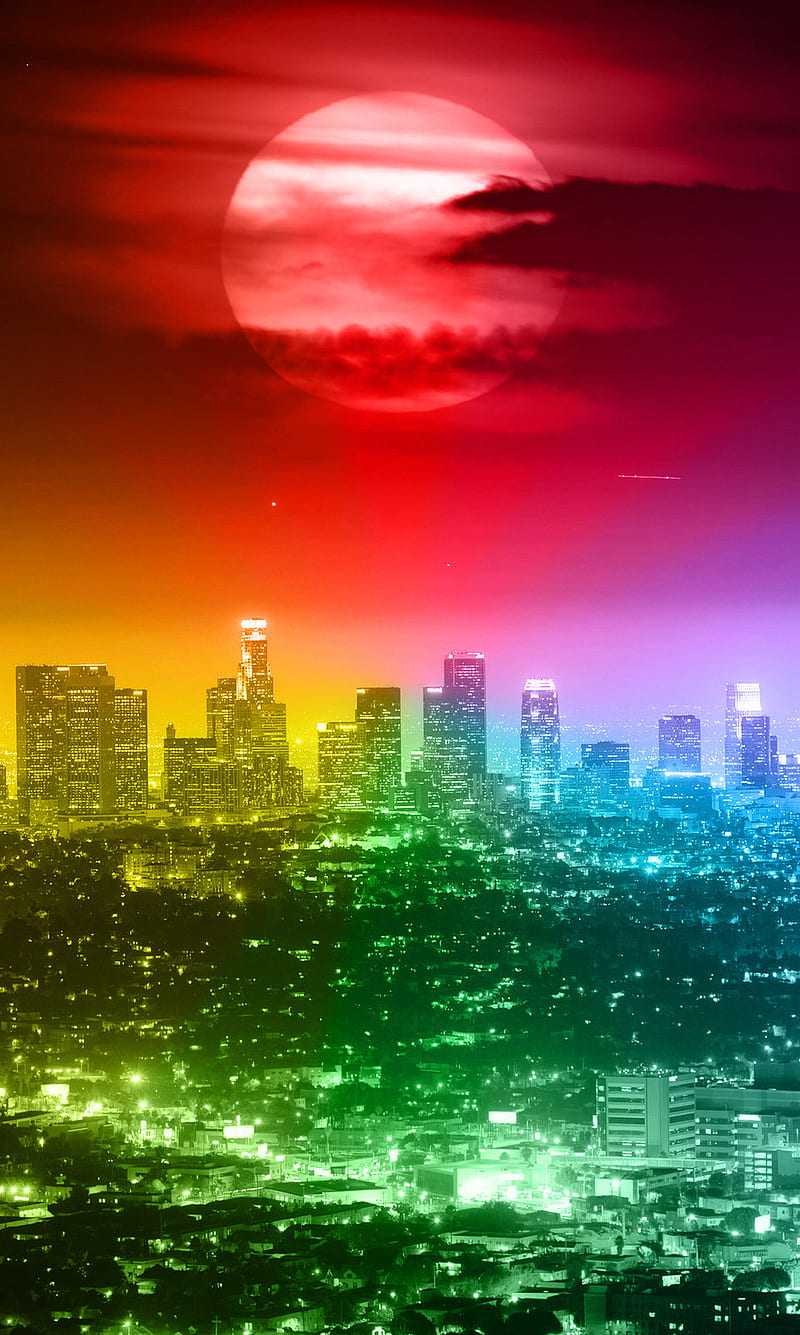 Rainbow City, buildings, cityscape, moon, sun, usa, HD phone wallpaper