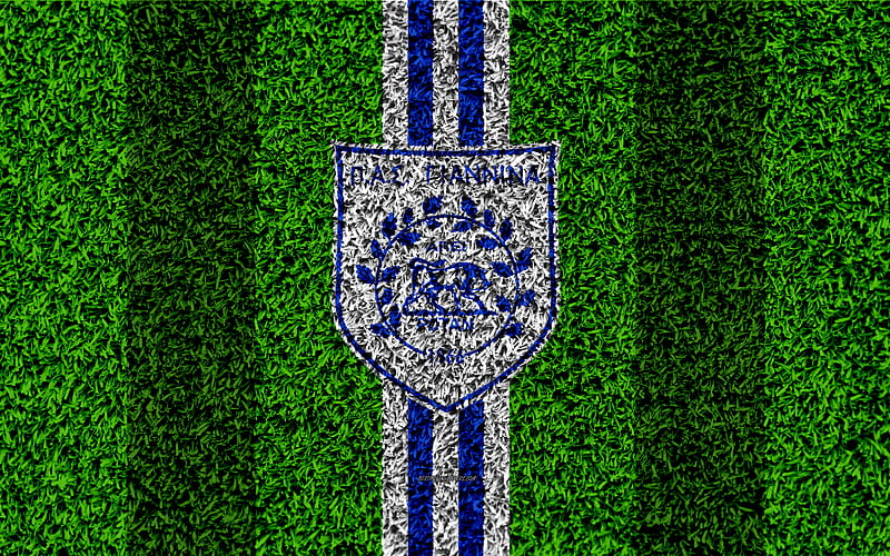 PAS Giannina FC, logo football lawn, Greek football club, white blue lines, grass texture, Ioannina, Greece, Superleague Greece, football, HD wallpaper