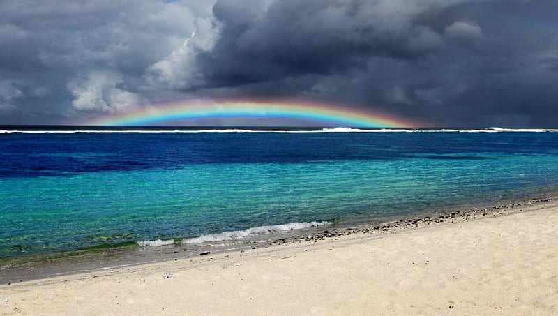 Rainbow Over The Horizon, beach, sand, Samoa, ocean, rainbow, dark clouds, HD wallpaper