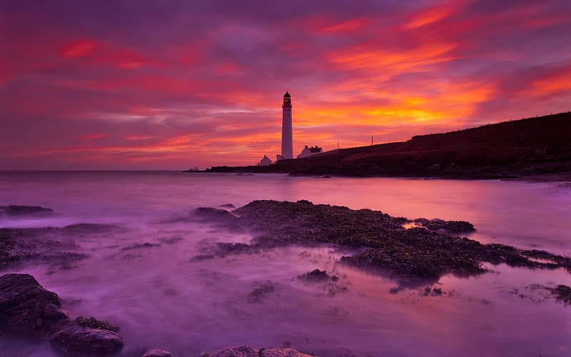 Sunset, Sky, Pink, Ocean, Purple, Lighthouse, HD wallpaper