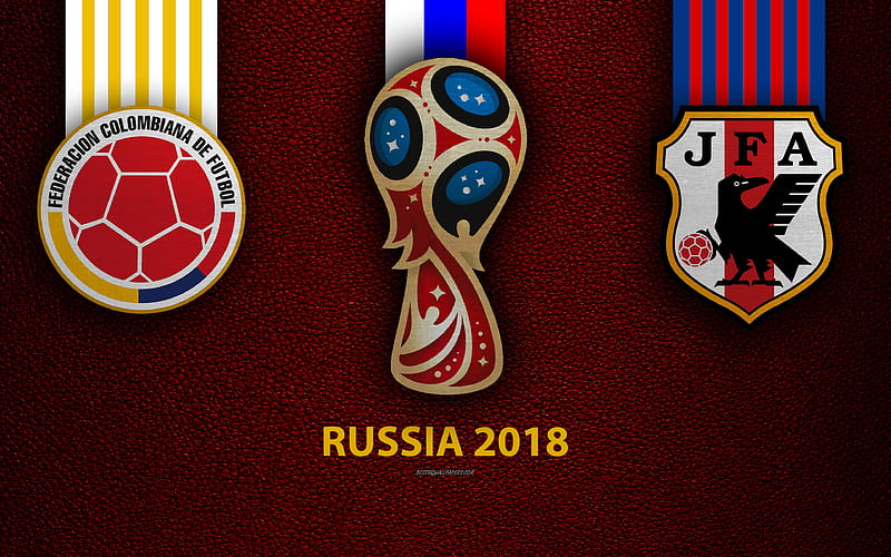 Colombia vs Japan Group H, football, logos, 2018 FIFA World Cup, Russia 2018, burgundy leather texture, Russia 2018 logo, cup, Colombia, japan, national teams, football match, HD wallpaper