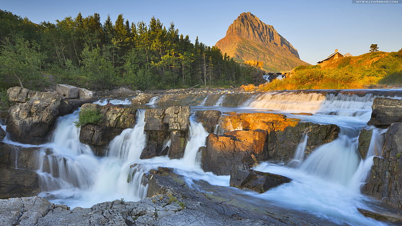 Beautiful Waterfall, mountain, big waterfall, rocks, river, bonito, greens, blue sky, trees, HD wallpaper