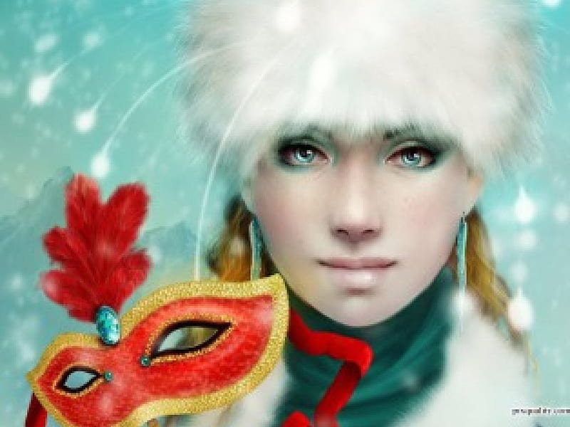 Winters Mask, snow, bonito, mask, woman, fur, hat, HD wallpaper