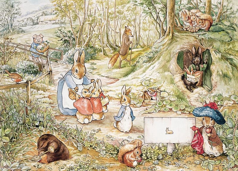 :), fantasy, art, garden, rabbit, squirrel, animal, beatrix potter, mice, bunny, mouse, HD wallpaper