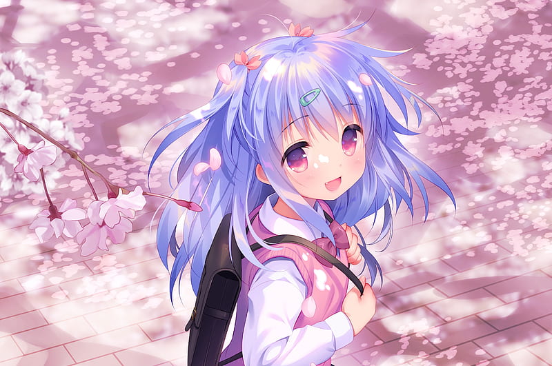 anime girl, blue hair, smiling, loli, sakura blossom, sweater, Anime, HD wallpaper
