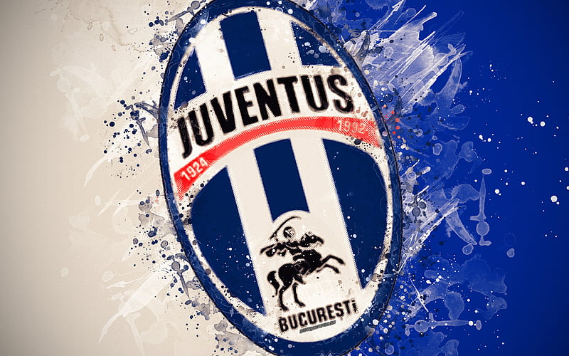 FC Juventus Bucuresti paint art, logo, creative, Romanian football team, Liga 1, emblem, blue white background, grunge style, Bucharest, Romania, football, HD wallpaper