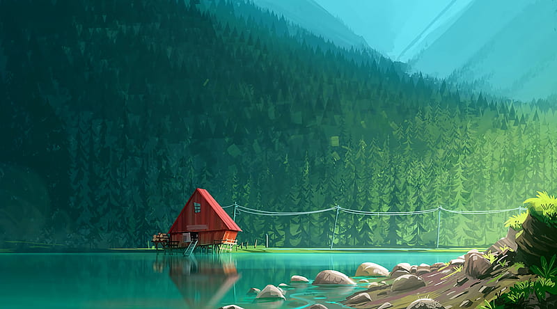 House by the Lake drawing Ultra, Artistic, Drawings, Mountain, Lake, House, Forest, Drawing, HD wallpaper
