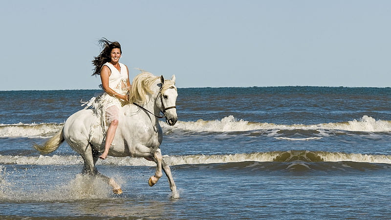 Ride The Waves.., female, models, cowgirl, ocean, fun, horse, outdoors, women, sea, brunettes, sand, beaches, girls, fashion, western, style, HD wallpaper