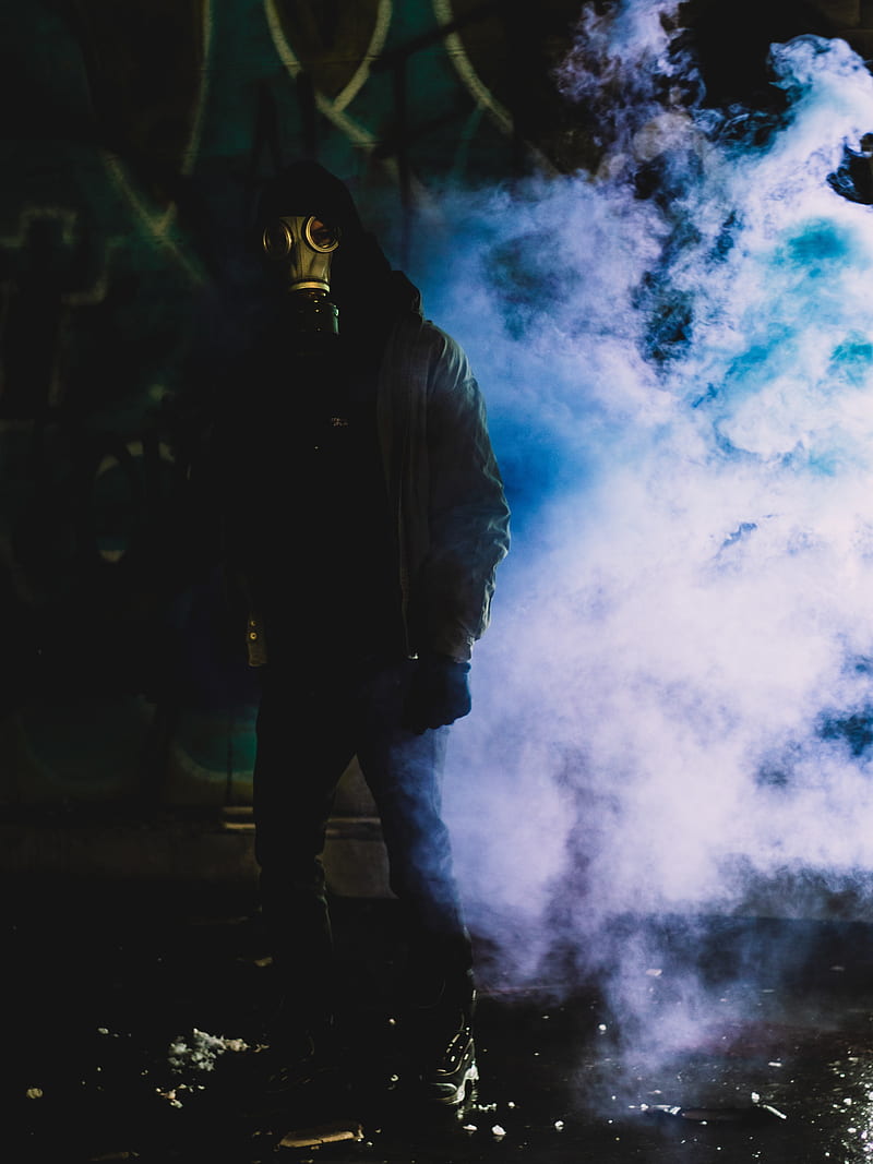 man, gas mask, smoke, dark, HD phone wallpaper