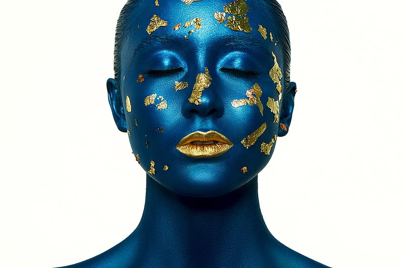 :), golden, blue, white, painted, yellow, face, girl, woman, HD wallpaper