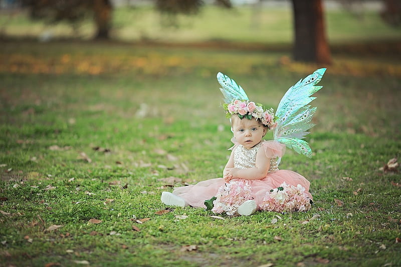 Little fairy, wings, little, girl, green, michelle voigt, copil, child, fairy, blue, HD wallpaper