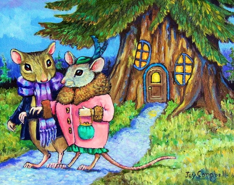 Going Out, tree, house, mouse, painting, clothing, artwork, light, HD wallpaper